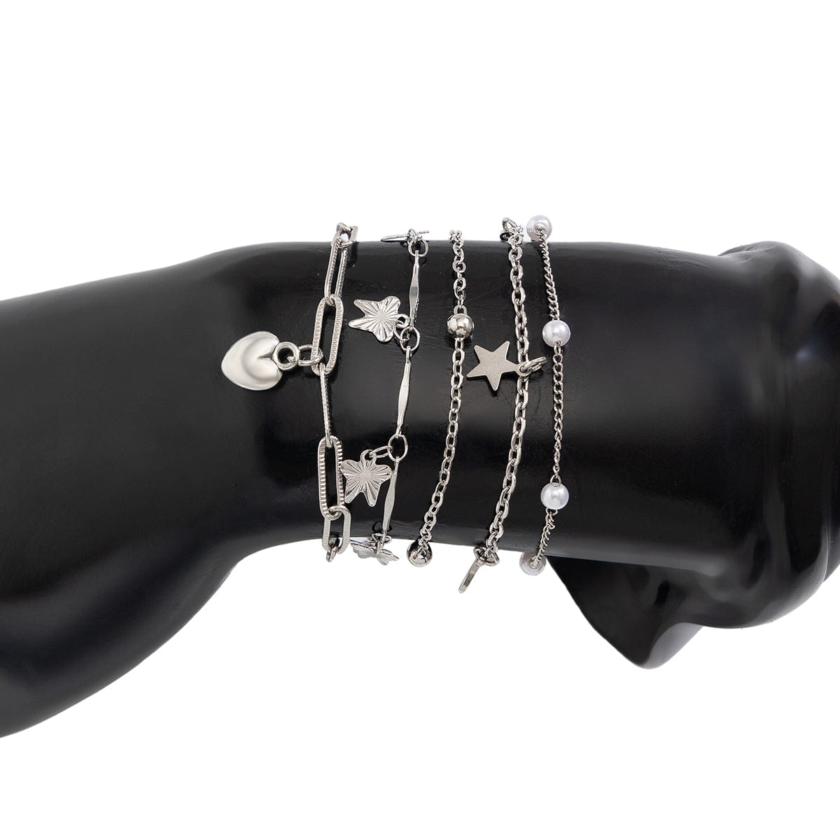 Delicate Layered Heart Butterfly Star Tassel Pearl Cable Chain Bracelet Set - ArtGalleryZen