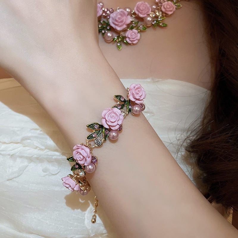 Delicate Pearl Rhinestone Inlaid Enamel Camellia Flower Necklace Bracelet Earrings - ArtGalleryZen