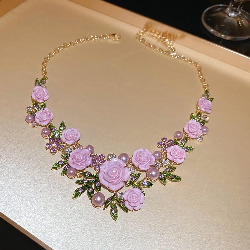 Delicate Pearl Rhinestone Inlaid Enamel Camellia Flower Necklace Bracelet Earrings - ArtGalleryZen