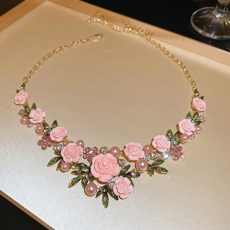 Delicate Pearl Rhinestone Inlaid Enamel Camellia Flower Necklace Bracelet Earrings - ArtGalleryZen
