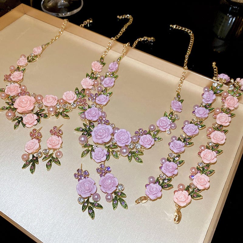 Delicate Pearl Rhinestone Inlaid Enamel Camellia Flower Necklace Bracelet Earrings