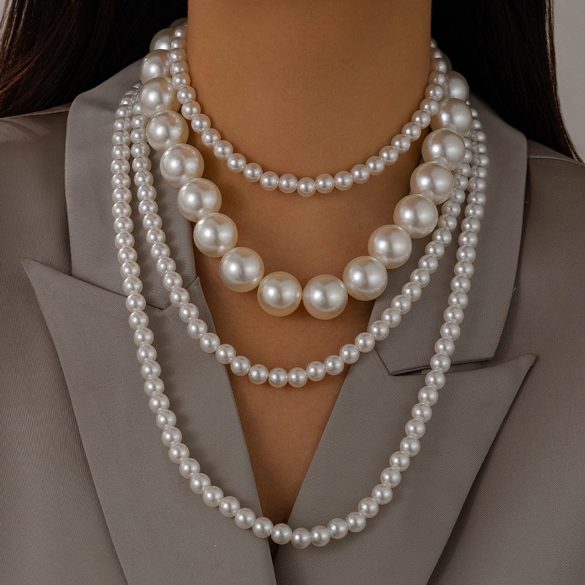 Elegant 2Pcs Chunky Pearl Long Chain Stackable Necklace Set