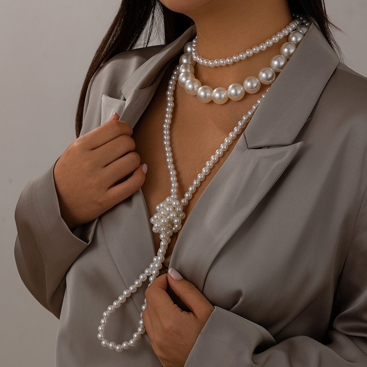 Elegant 2Pcs Chunky Pearl Long Chain Stackable Necklace Set