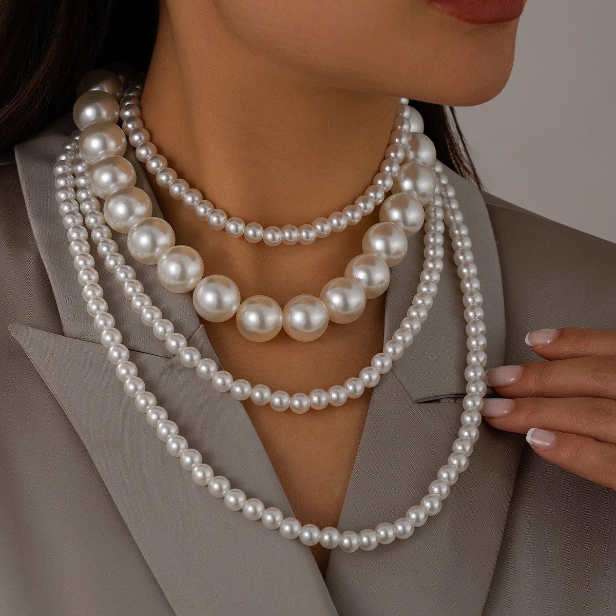 Elegant 2Pcs Chunky Pearl Long Chain Stackable Necklace Set