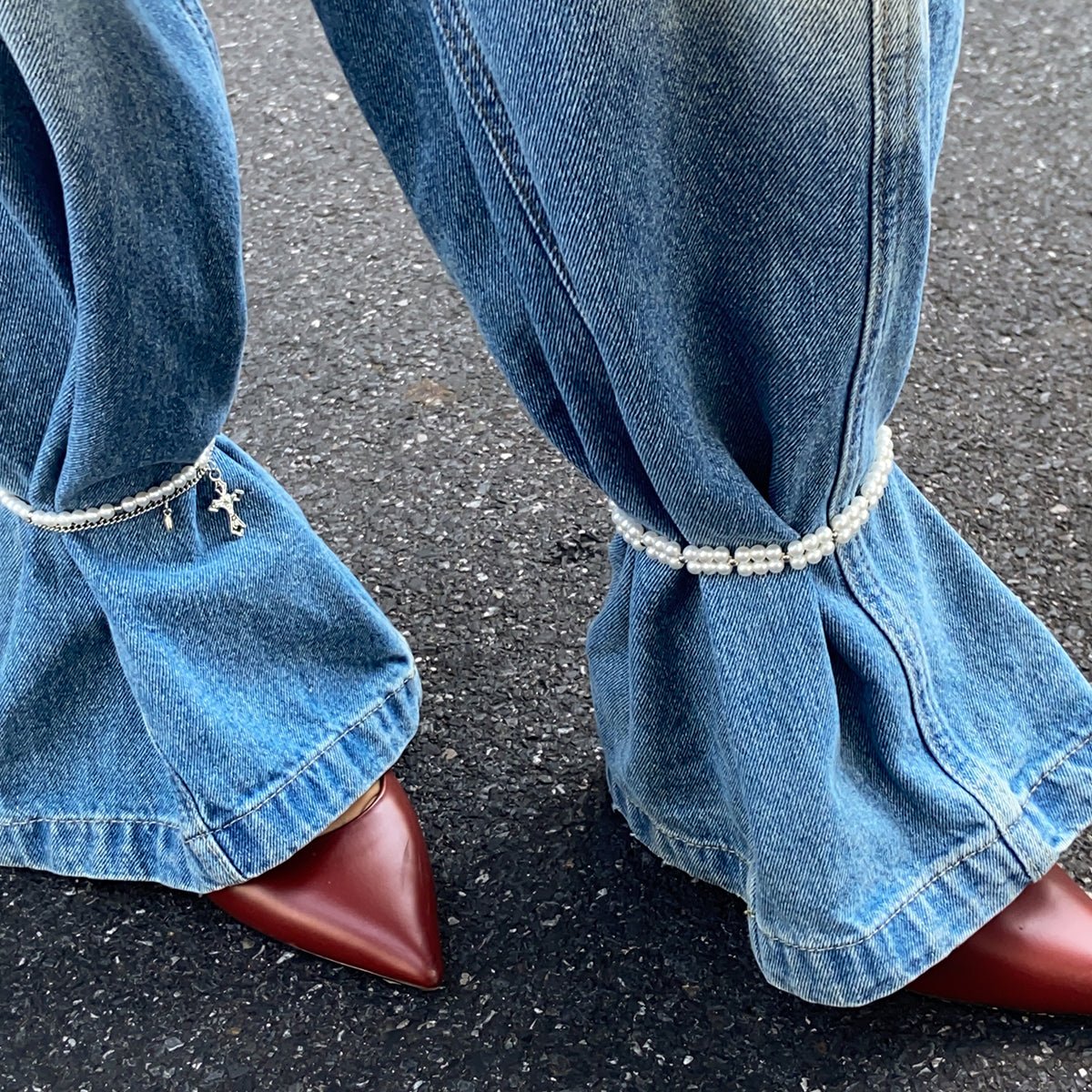 Elegant 2pcs Cross Charm Pearl Chain Anklet Set - ArtGalleryZen