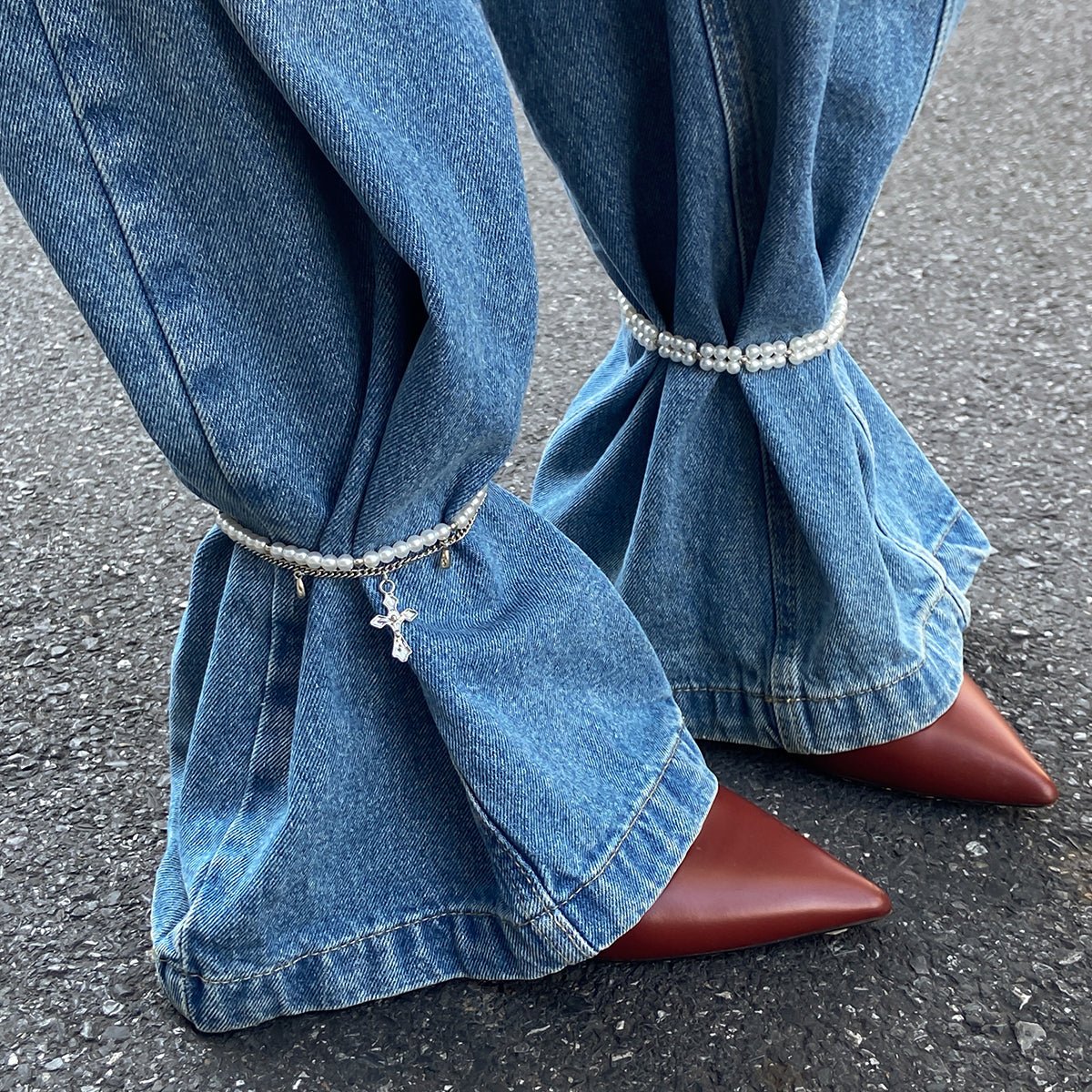 Elegant 2pcs Cross Charm Pearl Chain Anklet Set - ArtGalleryZen