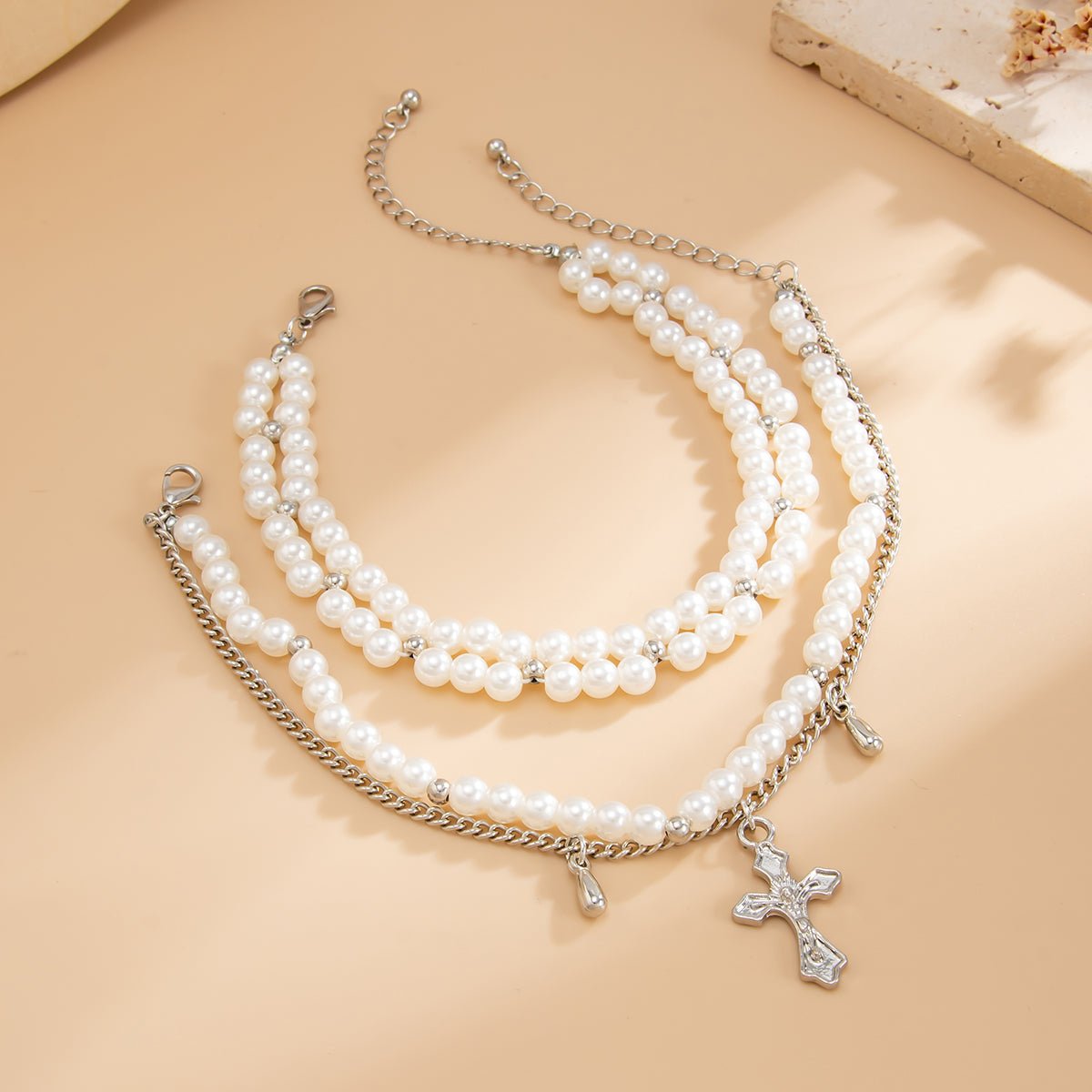 Elegant 2pcs Cross Charm Pearl Chain Anklet Set - ArtGalleryZen