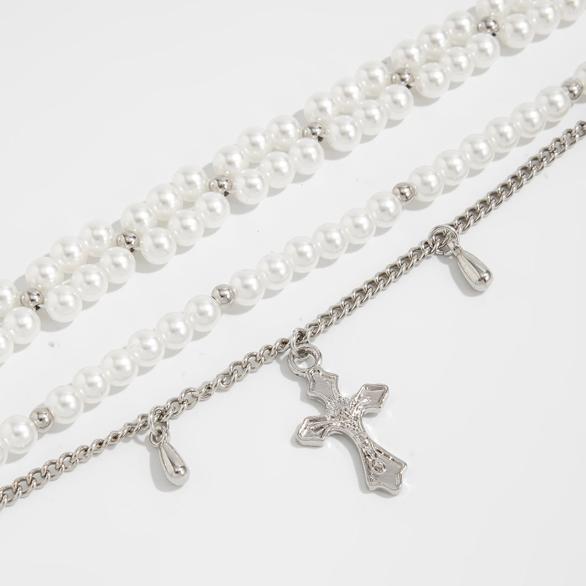 Elegant 2pcs Cross Charm Pearl Chain Anklet Set - ArtGalleryZen