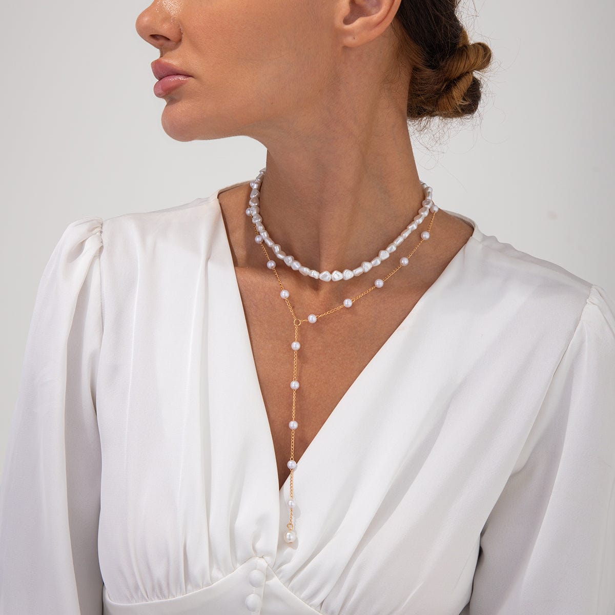 Elegant 2pcs Gold Plated Pearl Chain Y Necklace Set - ArtGalleryZen