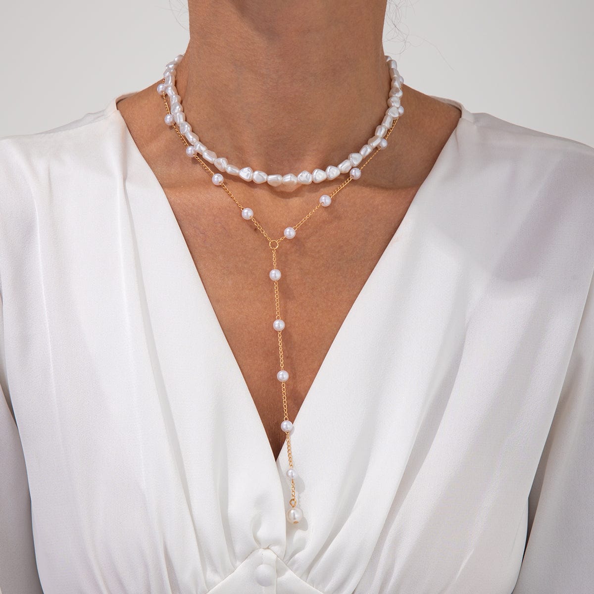 Elegant 2pcs Gold Plated Pearl Chain Y Necklace Set - ArtGalleryZen