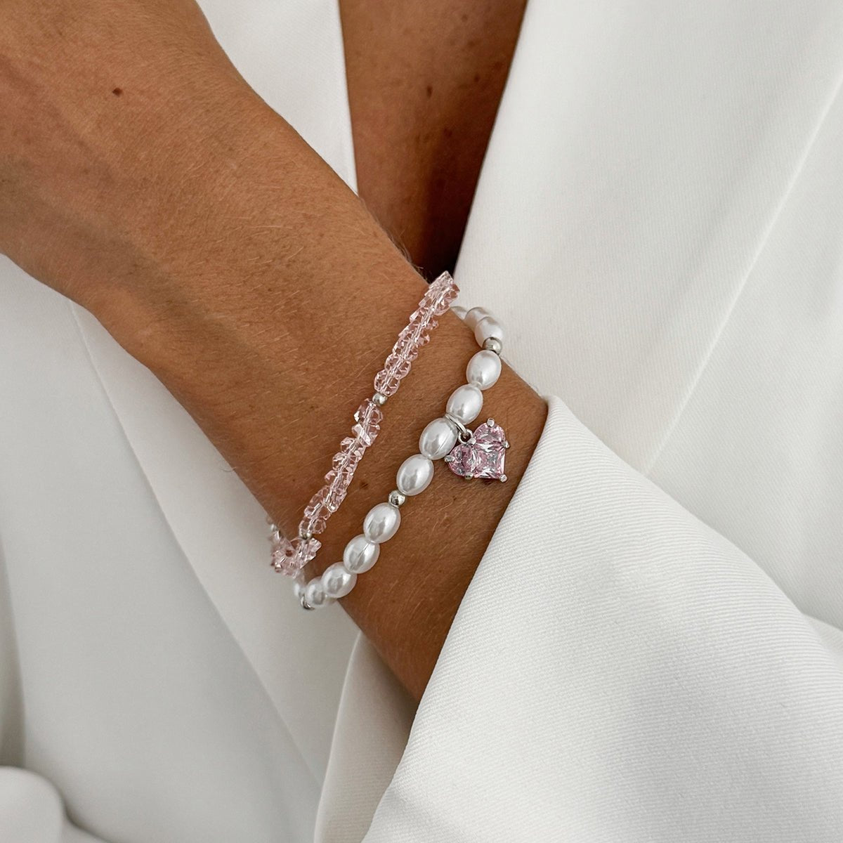 Elegant 2pcs Rhinestone Heart Charm Crystal Pearl Chain Bracelet Set - ArtGalleryZen