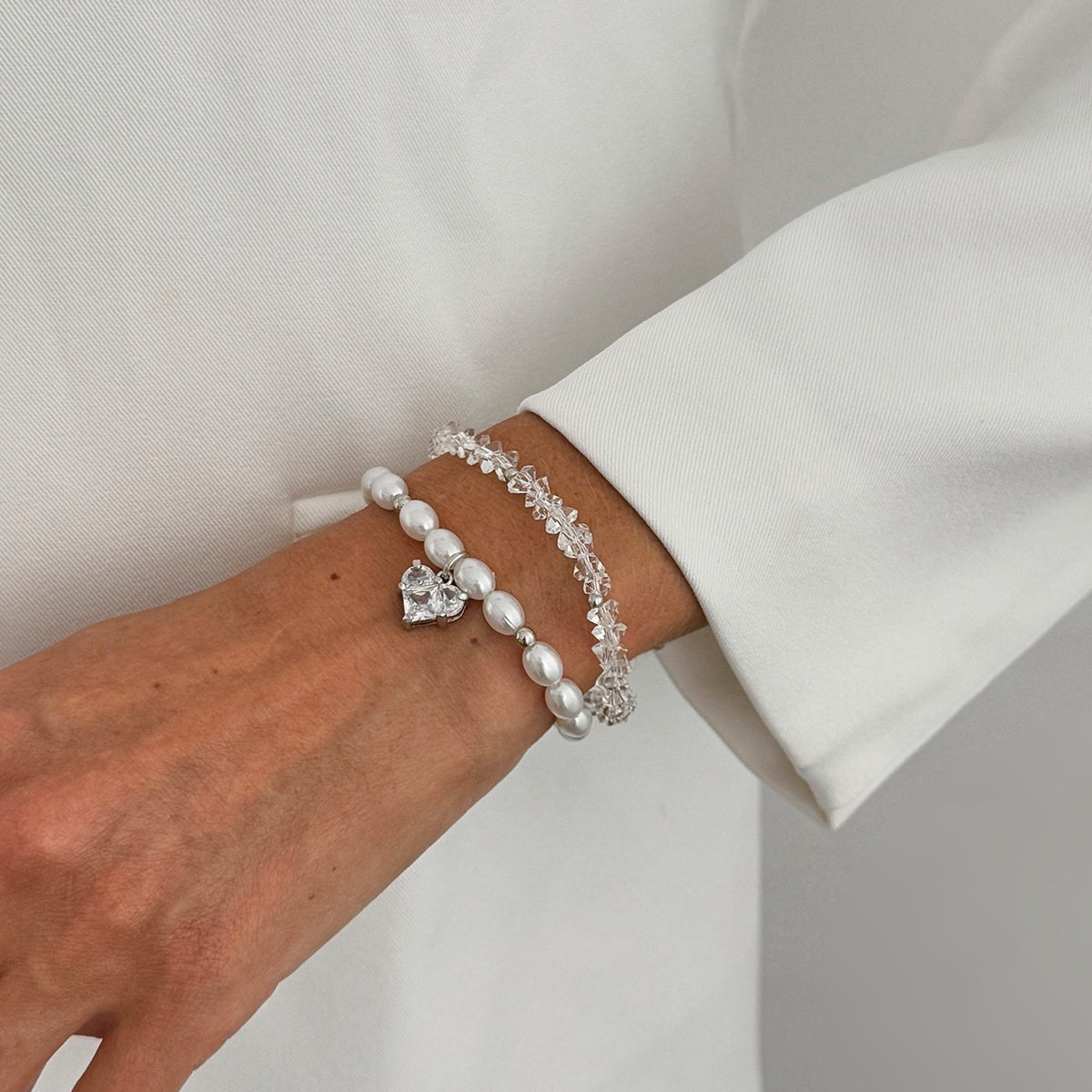 Elegant 2pcs Rhinestone Heart Charm Crystal Pearl Chain Bracelet Set - ArtGalleryZen