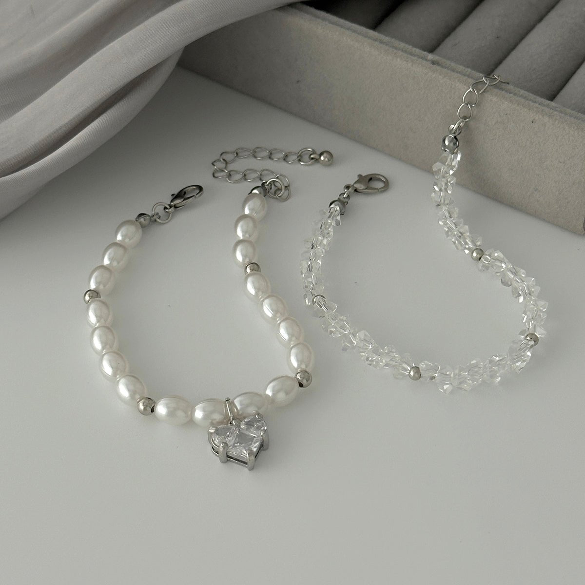 Elegant 2pcs Rhinestone Heart Charm Crystal Pearl Chain Bracelet Set - ArtGalleryZen