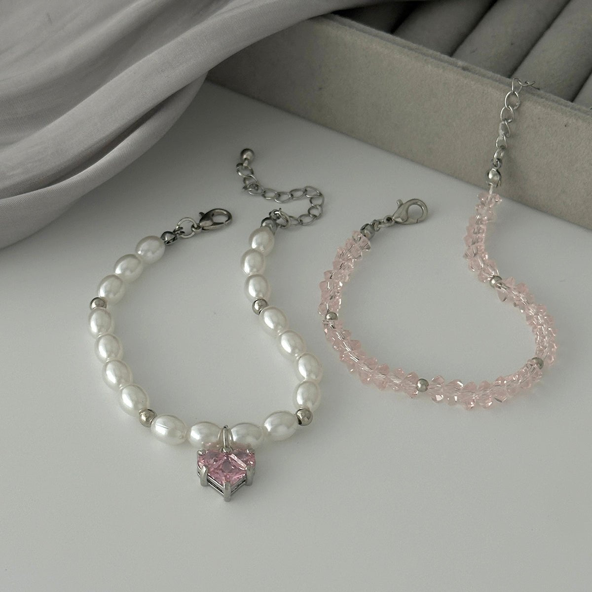 Elegant 2pcs Rhinestone Heart Charm Crystal Pearl Chain Bracelet Set - ArtGalleryZen