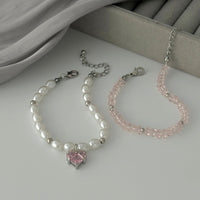 Thumbnail for Elegant 2pcs Rhinestone Heart Charm Crystal Pearl Chain Bracelet Set - ArtGalleryZen