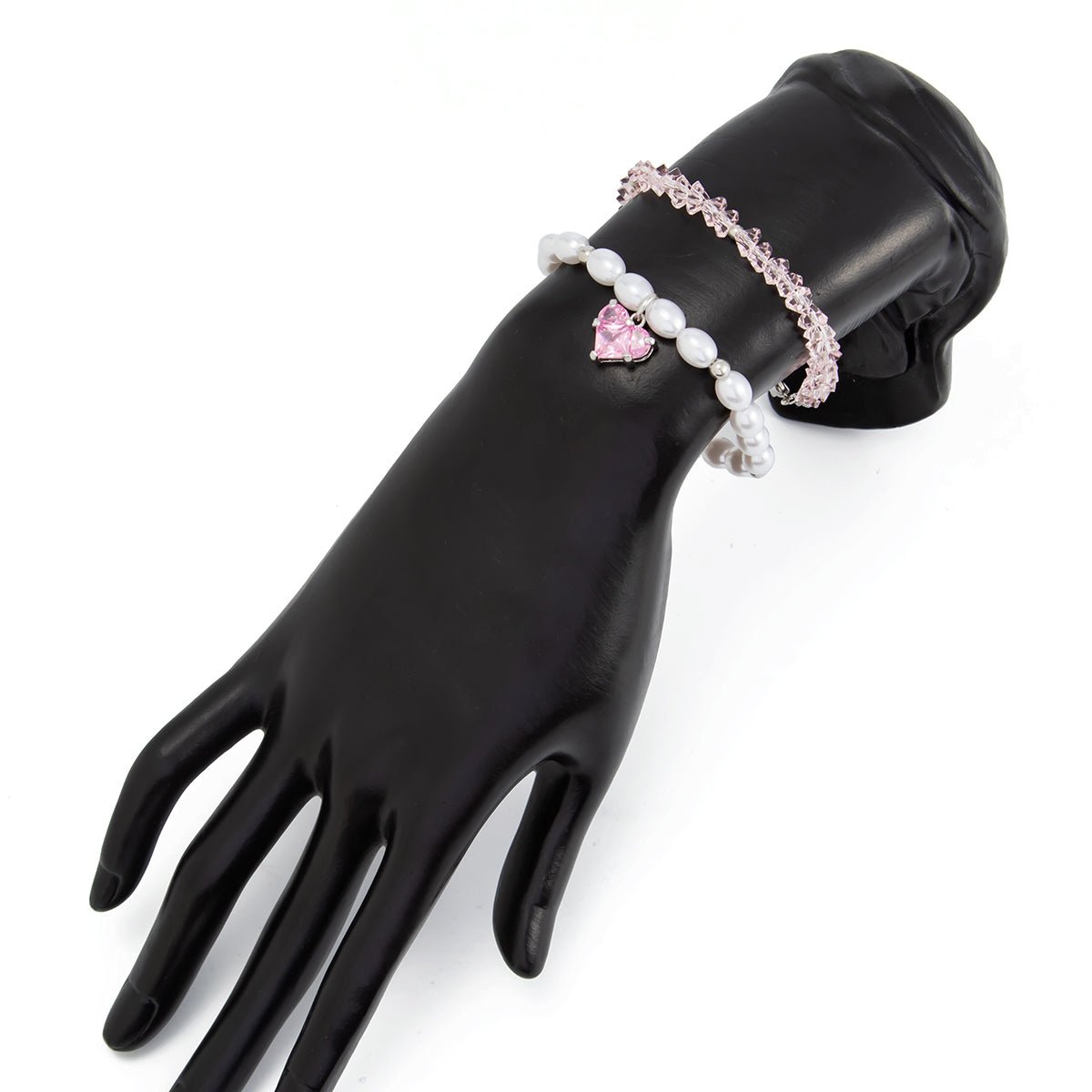 Elegant 2pcs Rhinestone Heart Charm Crystal Pearl Chain Bracelet Set - ArtGalleryZen