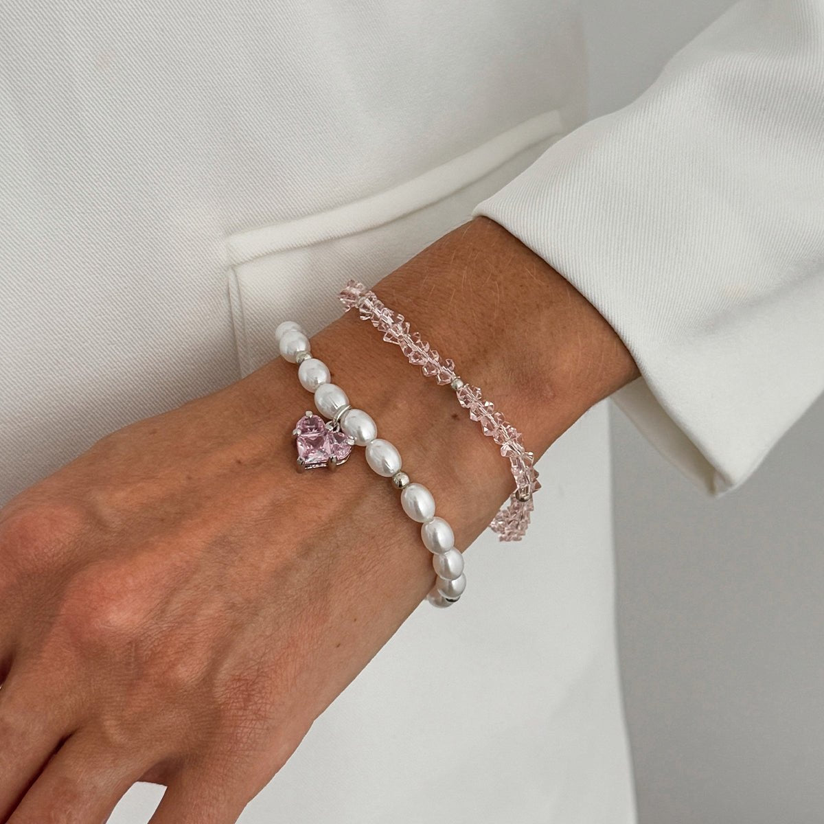 Elegant 2pcs Rhinestone Heart Charm Crystal Pearl Chain Bracelet Set - ArtGalleryZen