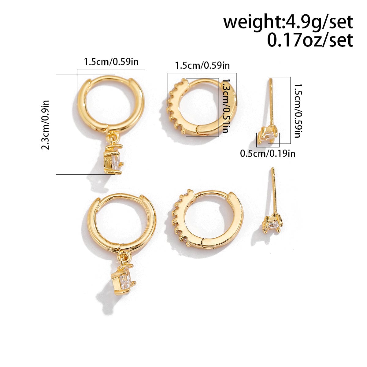 Elegant 3 Pairs CZ Inlaid Hoop Dangle Earrings Set