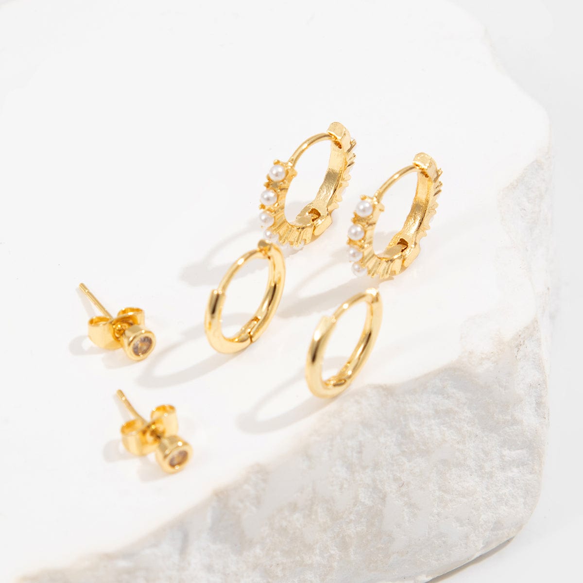 Elegant 3 Pairs Pearl Huggie Hoop Earrings Set - ArtGalleryZen