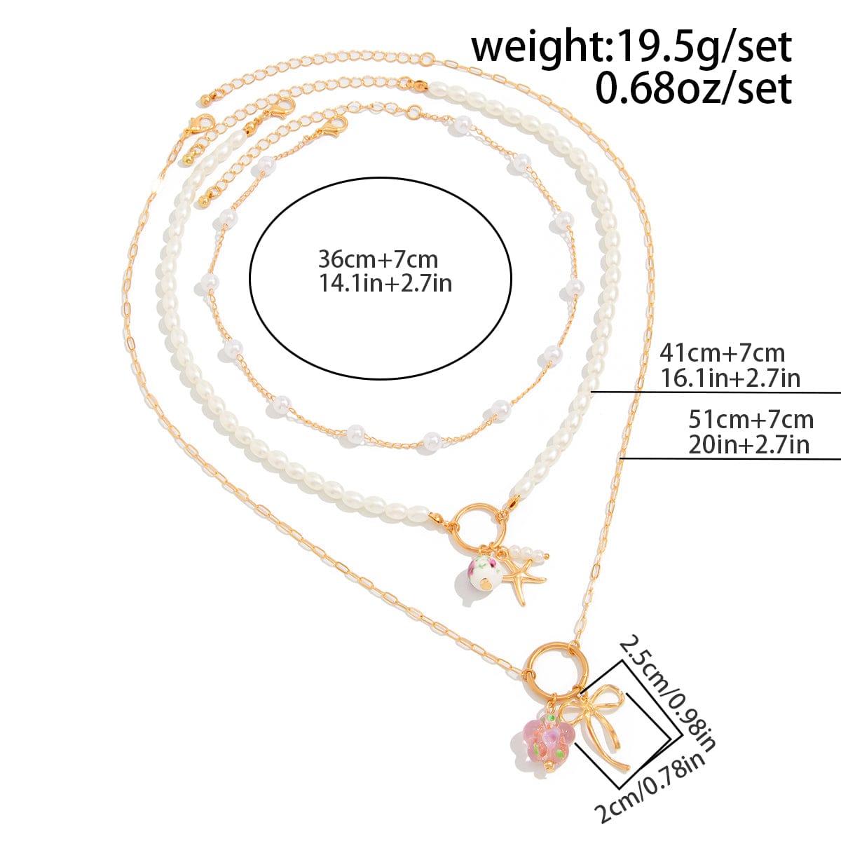 Elegant 3pcs Bow Starfish Flower Ceramic Pendant Pearl Chain Necklace Set - ArtGalleryZen