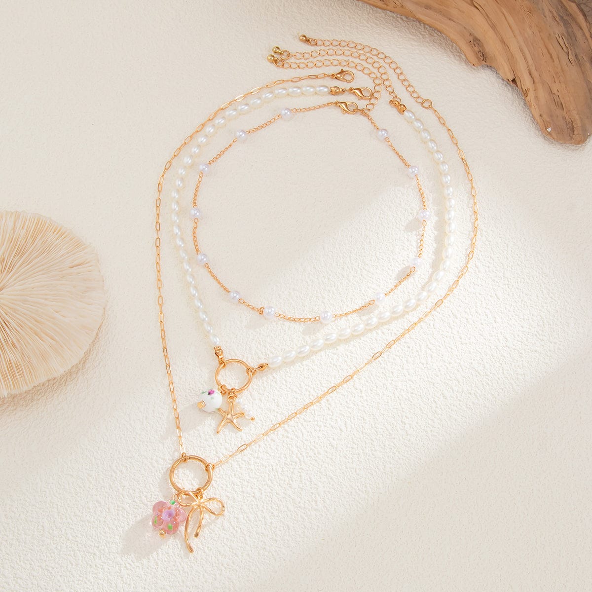 Elegant 3pcs Bow Starfish Flower Ceramic Pendant Pearl Chain Necklace Set - ArtGalleryZen