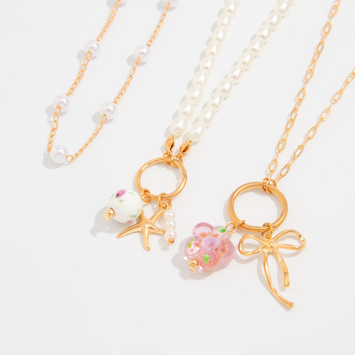 Elegant 3pcs Bow Starfish Flower Ceramic Pendant Pearl Chain Necklace Set - ArtGalleryZen