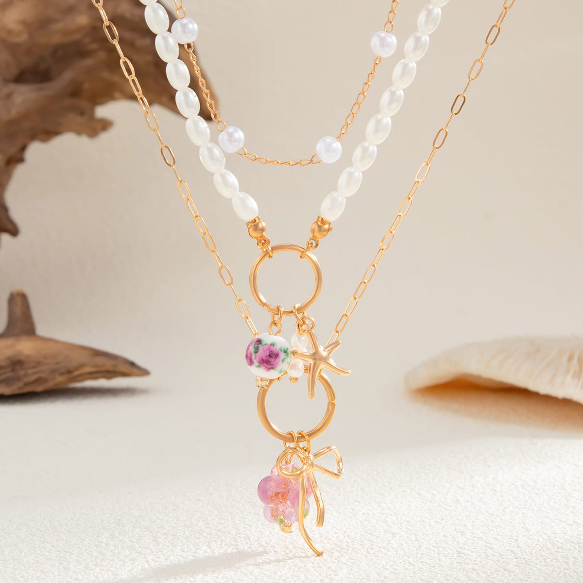 Elegant 3pcs Bow Starfish Flower Ceramic Pendant Pearl Chain Necklace Set - ArtGalleryZen