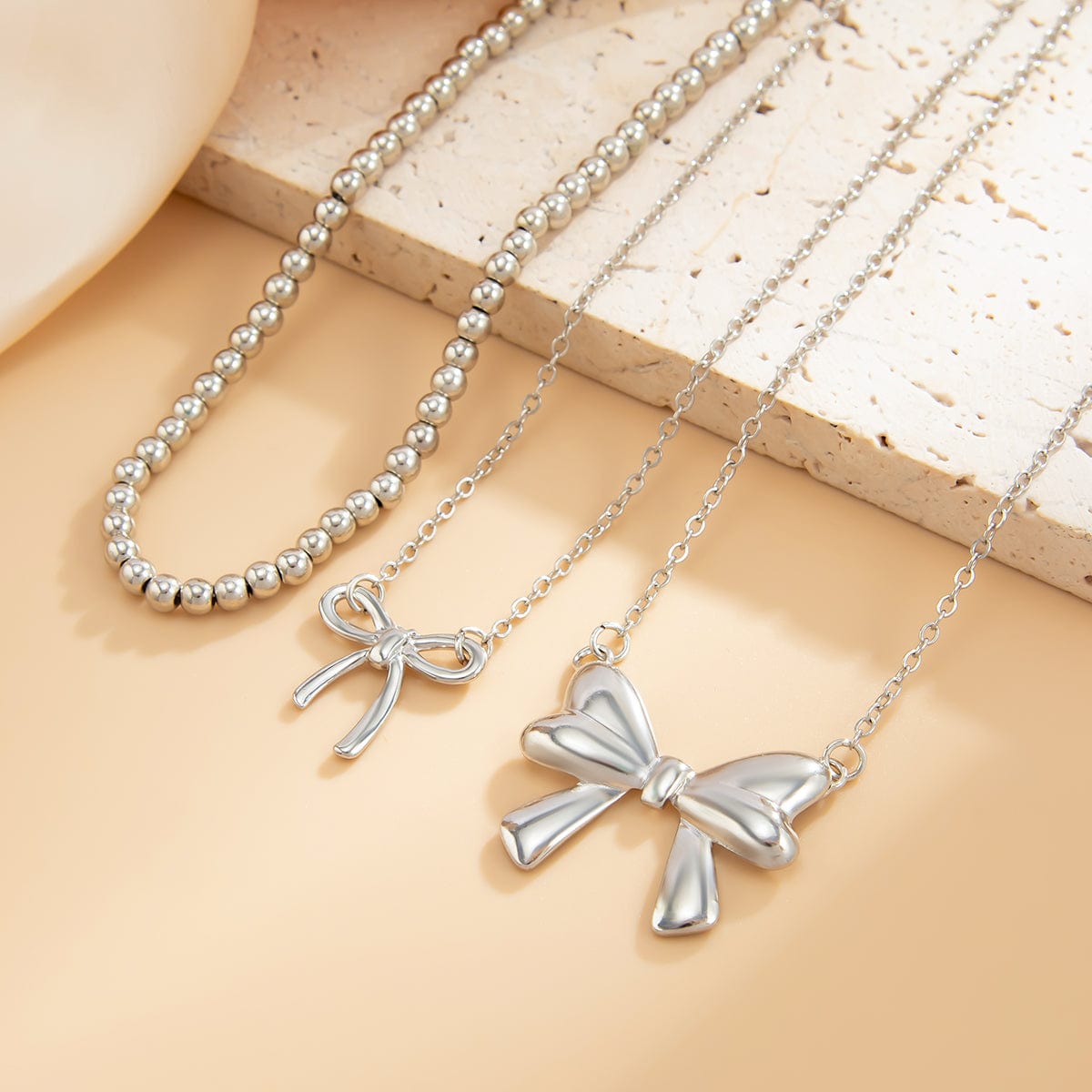 Elegant 3pcs Bowknot Charm Beaded Chain Necklace Set - ArtGalleryZen
