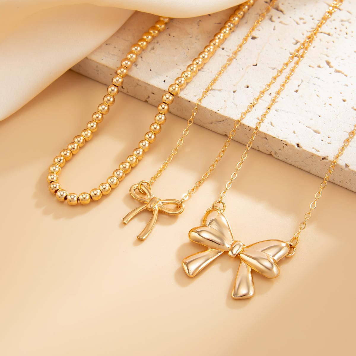 Elegant 3pcs Bowknot Charm Beaded Chain Necklace Set - ArtGalleryZen