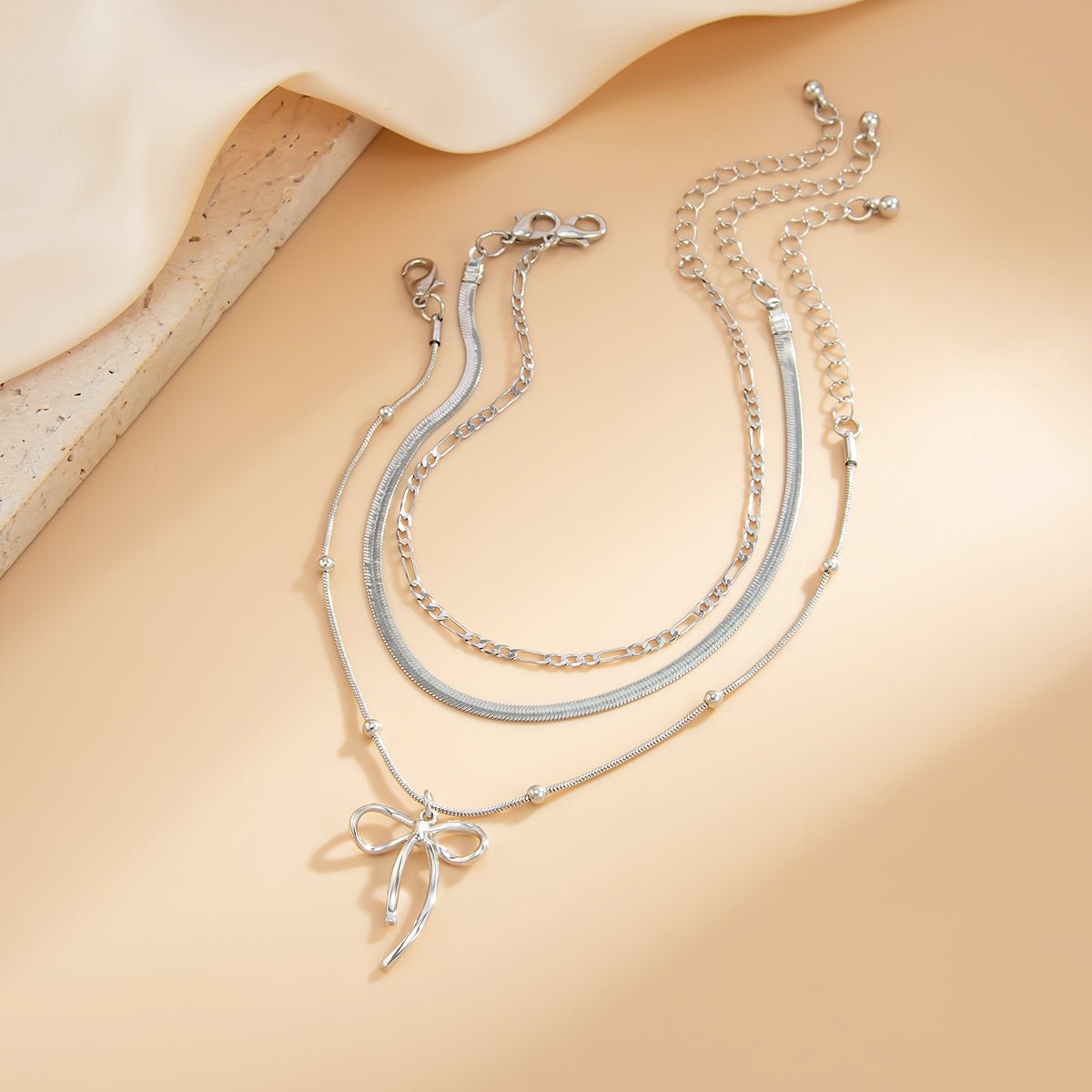 Elegant 3pcs Bowknot Charm Herringbone Chain Anklet Set - ArtGalleryZen