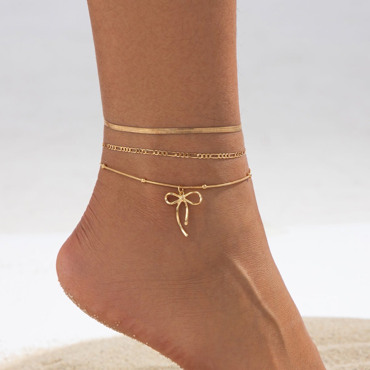 Elegant 3pcs Bowknot Charm Herringbone Chain Anklet Set - ArtGalleryZen