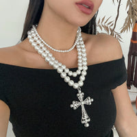 Thumbnail for Elegant 3pcs Cross Pendant Pearl Chain Necklace Set - ArtGalleryZen