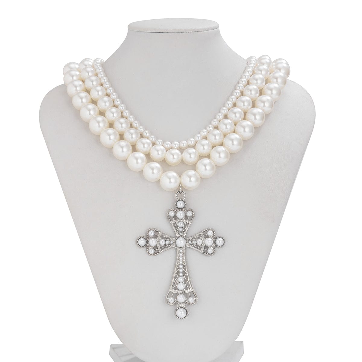 Elegant 3pcs Cross Pendant Pearl Chain Necklace Set - ArtGalleryZen