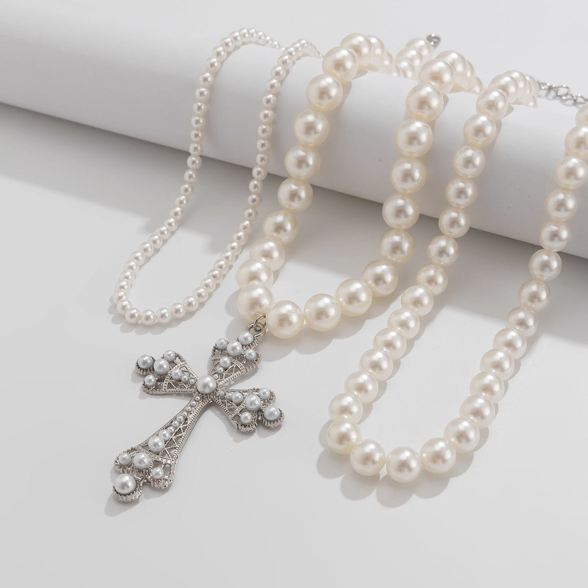 Elegant 3pcs Cross Pendant Pearl Chain Necklace Set - ArtGalleryZen