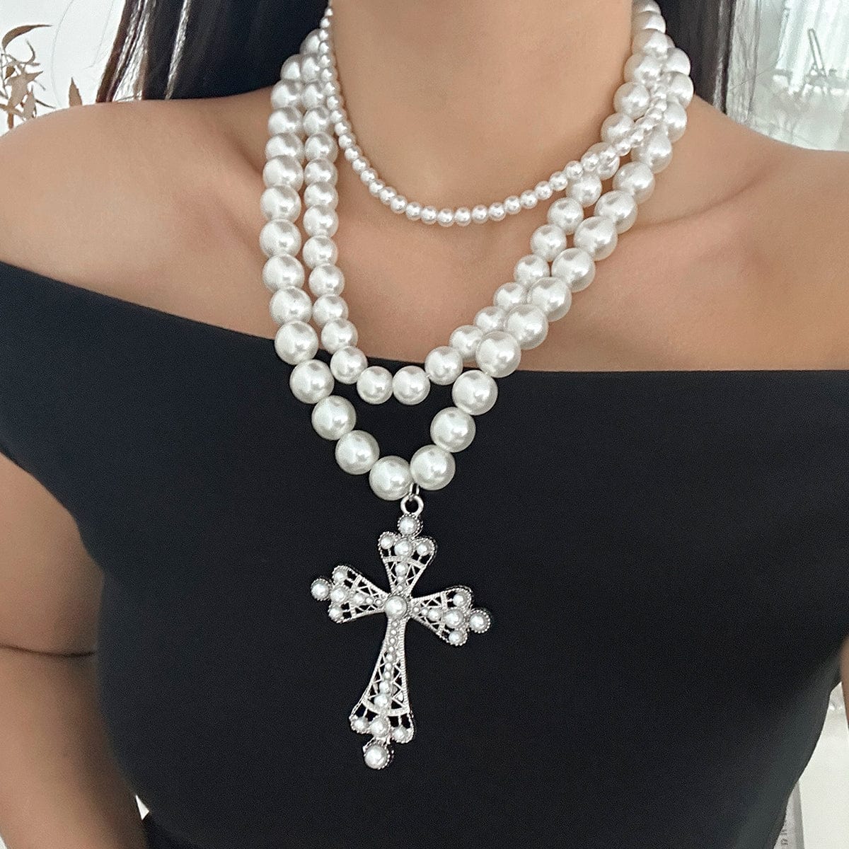 Elegant 3pcs Cross Pendant Pearl Chain Necklace Set