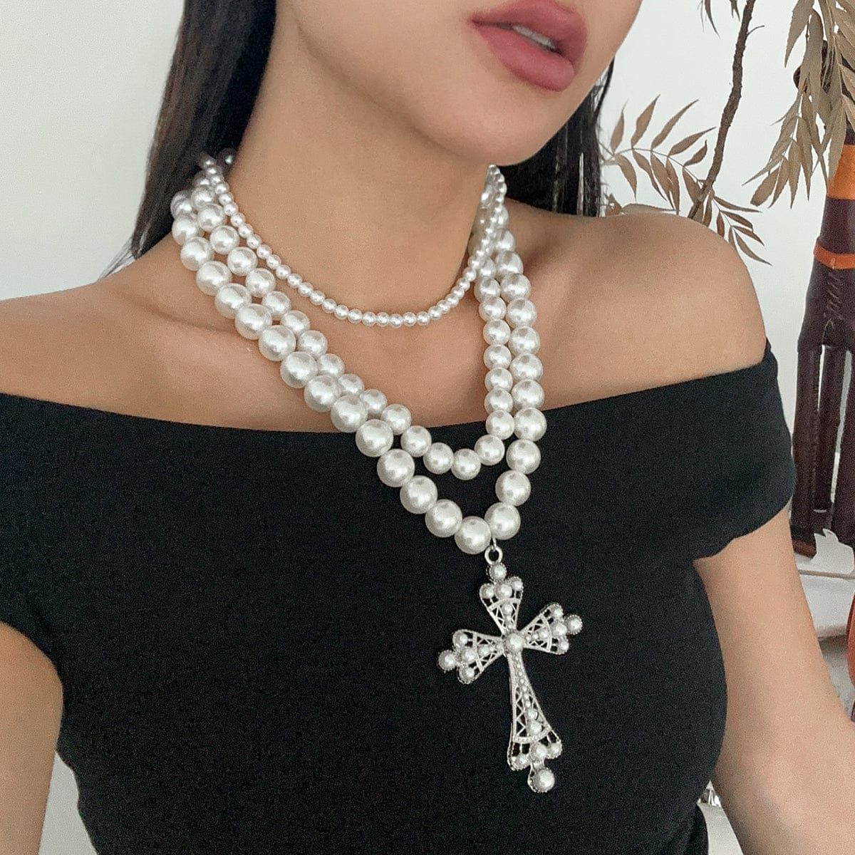 Elegant 3pcs Cross Pendant Pearl Chain Necklace Set