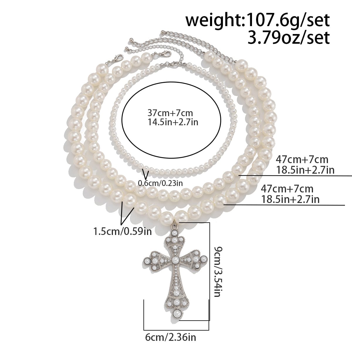 Elegant 3pcs Cross Pendant Pearl Chain Necklace Set