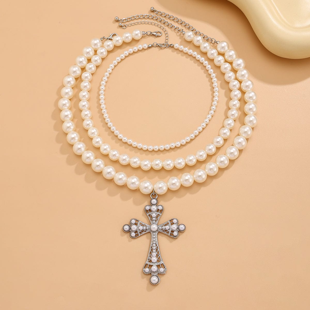 Elegant 3pcs Cross Pendant Pearl Chain Necklace Set