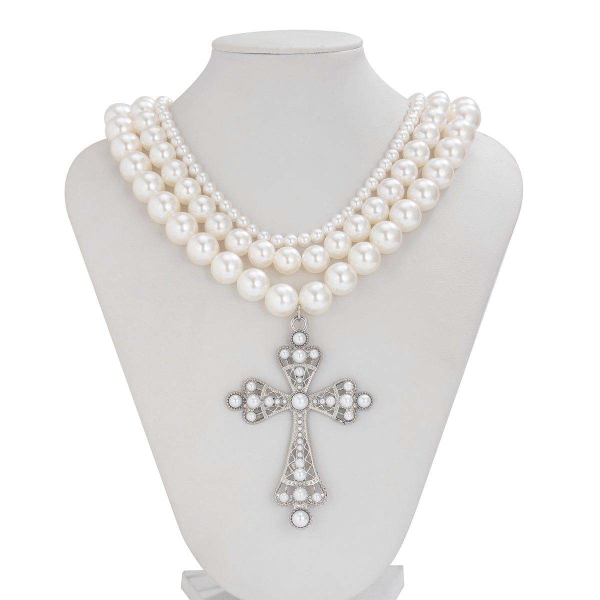 Elegant 3pcs Cross Pendant Pearl Chain Necklace Set