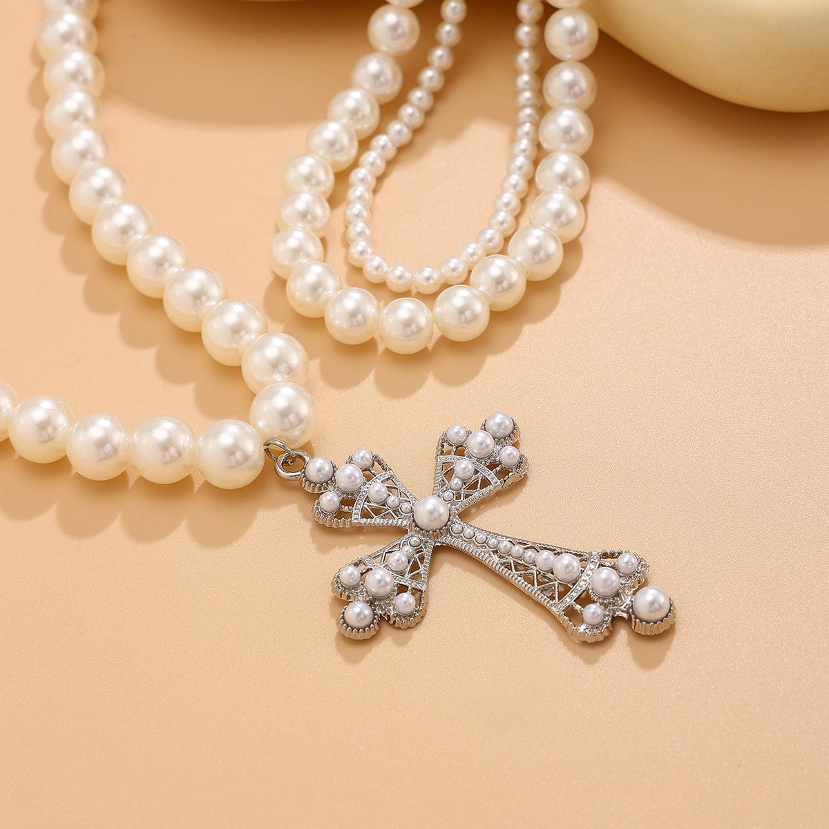 Elegant 3pcs Cross Pendant Pearl Chain Necklace Set