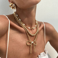 Thumbnail for Elegant 3pcs Gold Silver Plated Bowknot Pearl Beaded Necklace Set - ArtGalleryZen