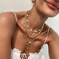 Thumbnail for Elegant 3pcs Gold Silver Plated Bowknot Pearl Beaded Necklace Set - ArtGalleryZen