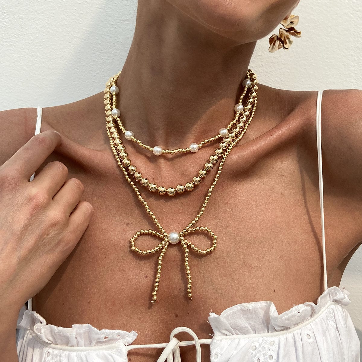 Elegant 3pcs Gold Silver Plated Bowknot Pearl Beaded Necklace Set - ArtGalleryZen