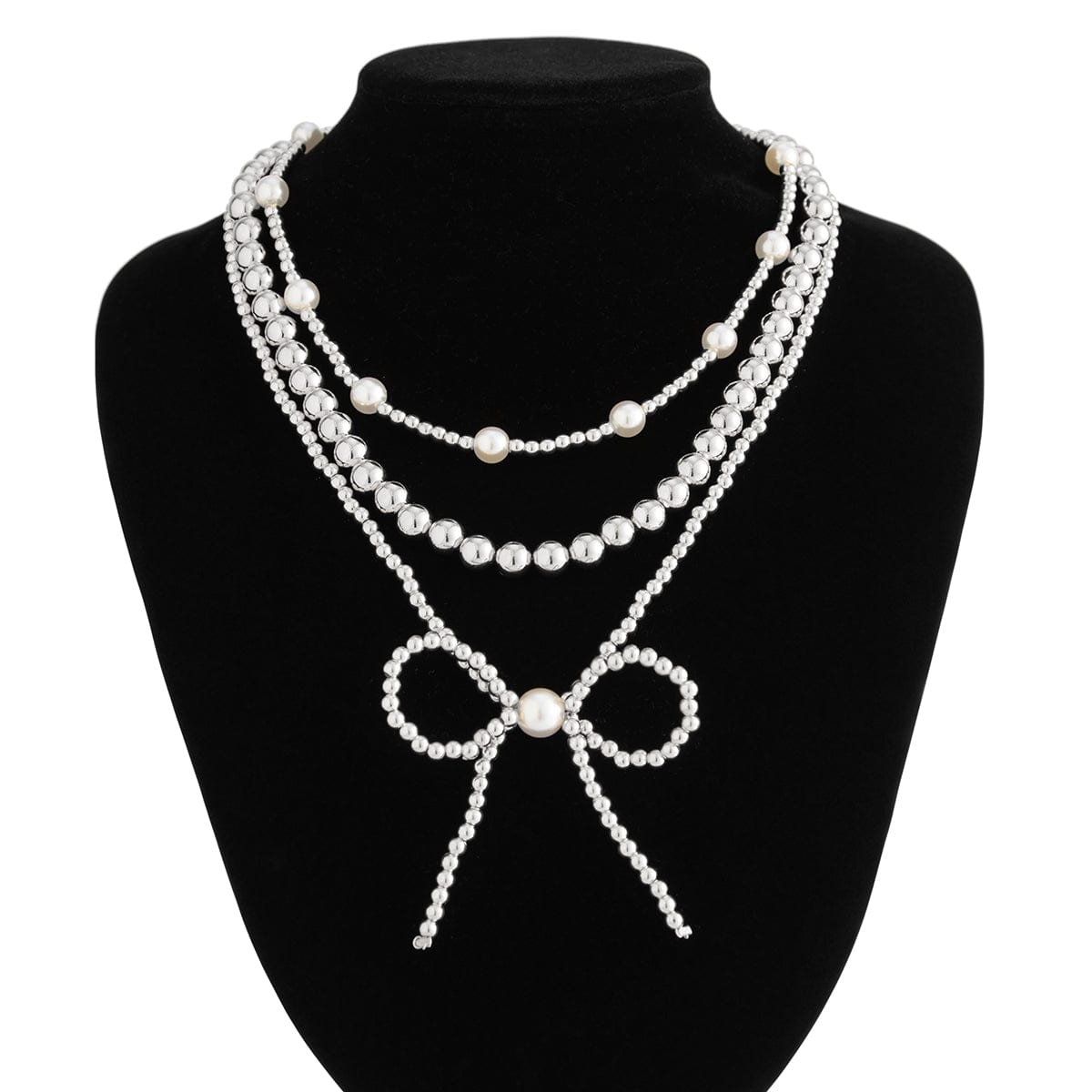Elegant 3pcs Gold Silver Plated Bowknot Pearl Beaded Necklace Set - ArtGalleryZen