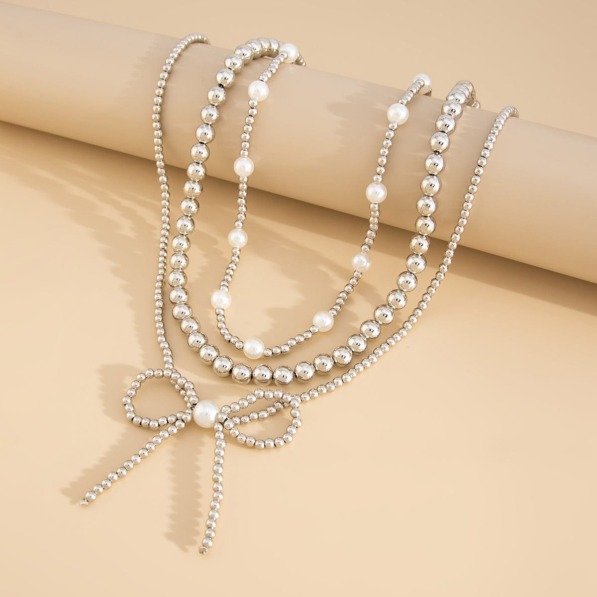 Elegant 3pcs Gold Silver Plated Bowknot Pearl Beaded Necklace Set - ArtGalleryZen