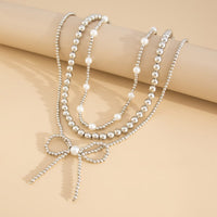 Thumbnail for Elegant 3pcs Gold Silver Plated Bowknot Pearl Beaded Necklace Set - ArtGalleryZen