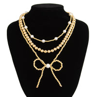 Thumbnail for Elegant 3pcs Gold Silver Plated Bowknot Pearl Beaded Necklace Set