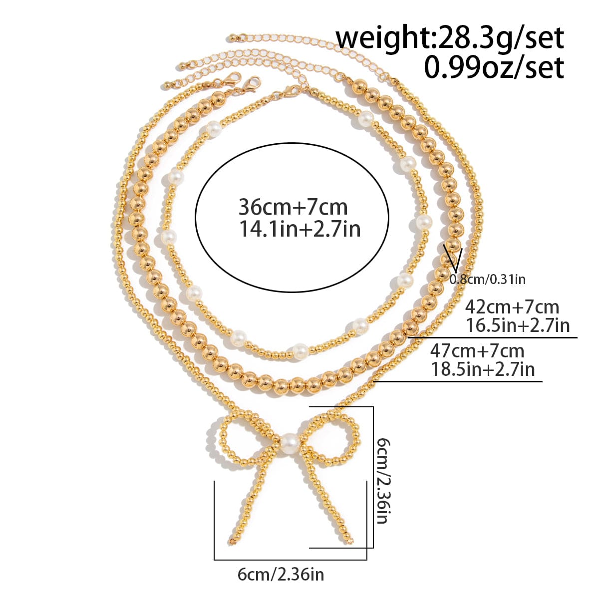 Elegant 3pcs Gold Silver Plated Bowknot Pearl Beaded Necklace Set