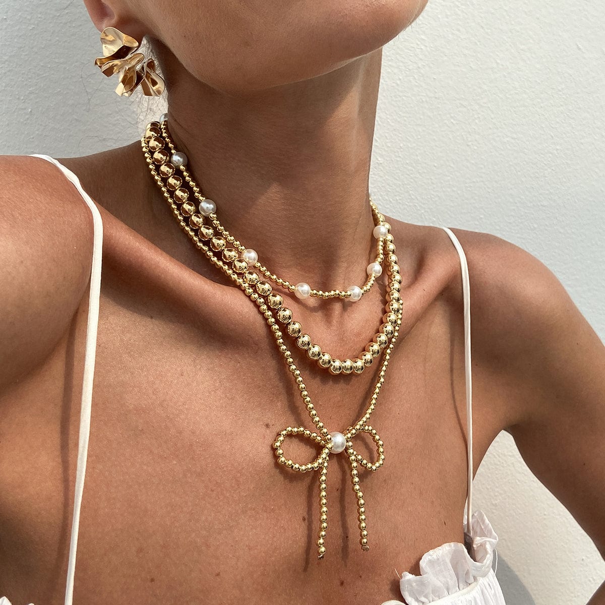 Elegant 3pcs Gold Silver Plated Bowknot Pearl Beaded Necklace Set