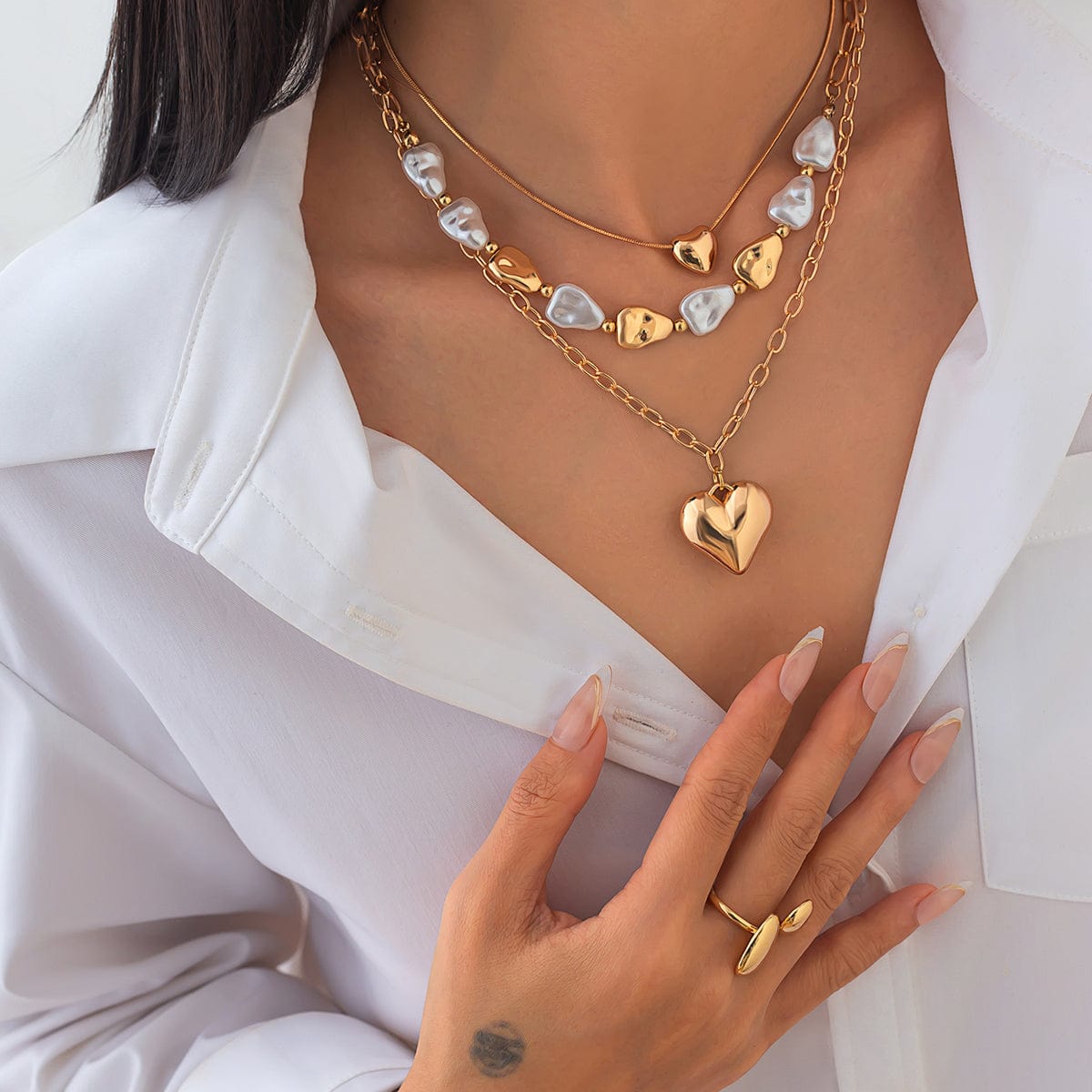Elegant 3pcs Gold Silver Plated Heart Pendant Pearl Necklace Set - ArtGalleryZen